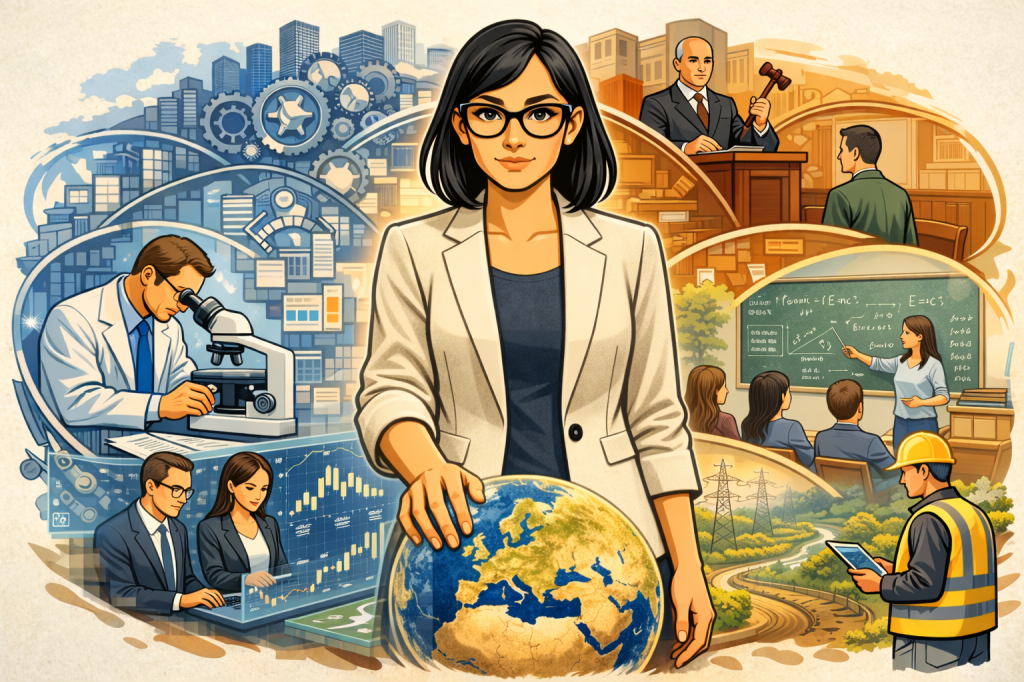 Illustrazione editoriale che mostra la politica come figura centrale davanti a un globo terrestre, circondata da sanità, economia, giustizia, istruzione e ambiente, per spiegare a cosa serve la politica nella società.