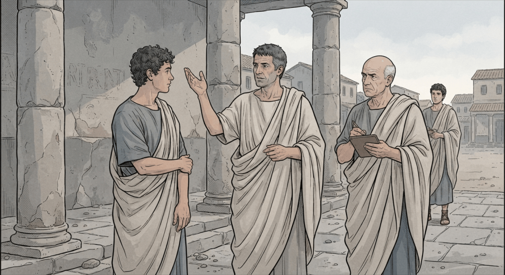 Un gruppo di uomini romani in toga semplice discute in un portico, uno con il braccio alzato per esporre una proposta e un altro che annota su una tavoletta: rappresentazione simbolica del sistema di cariche della Repubblica romana.