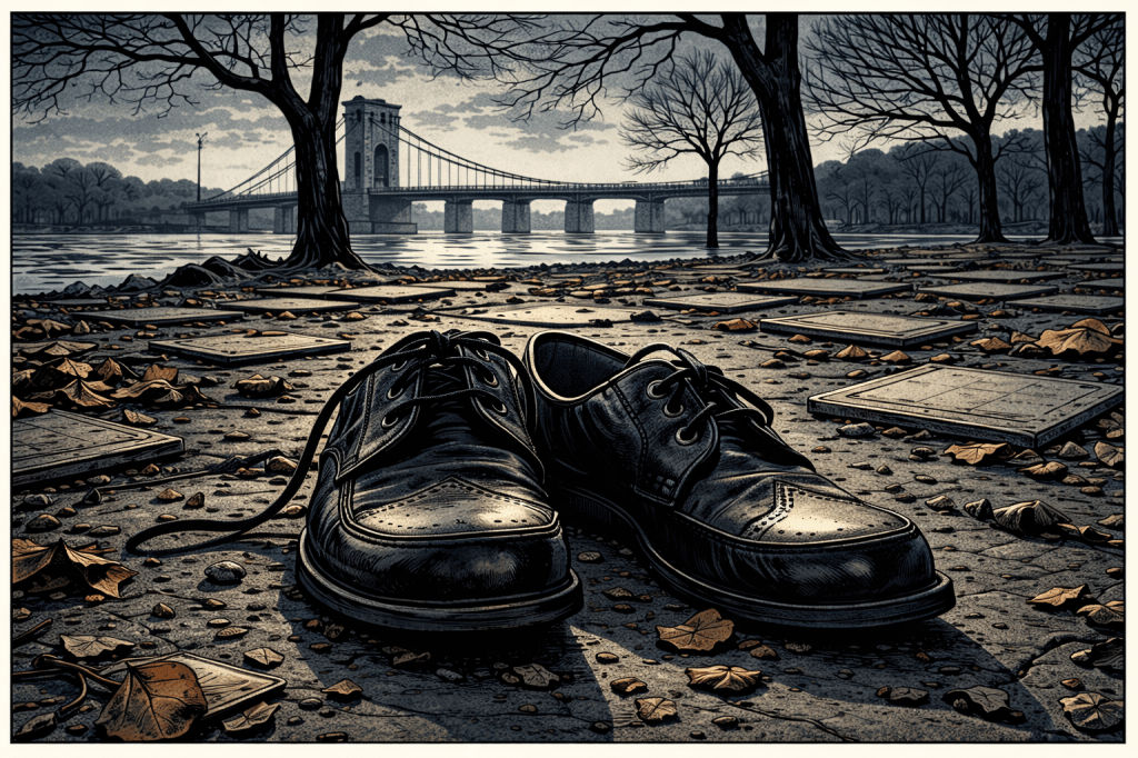 Illustrazione in stile graphic novel di un paio di scarpe nere abbandonate lungo un fiume, simbolo della memoria della Shoah e delle vittime dell’Olocausto, con alberi spogli e un ponte sullo sfondo.