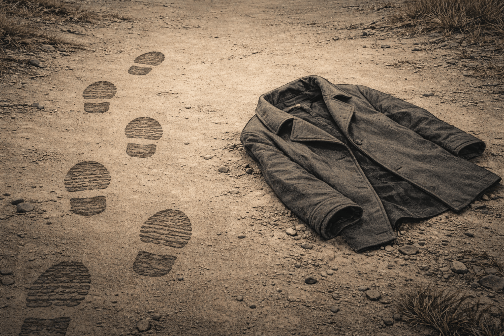 Illustrazione editoriale di un cappotto abbandonato su un terreno sterrato, accanto a una serie di impronte che si interrompono, a rappresentare l’esodo giuliano-dalmata e le vittime delle foibe.