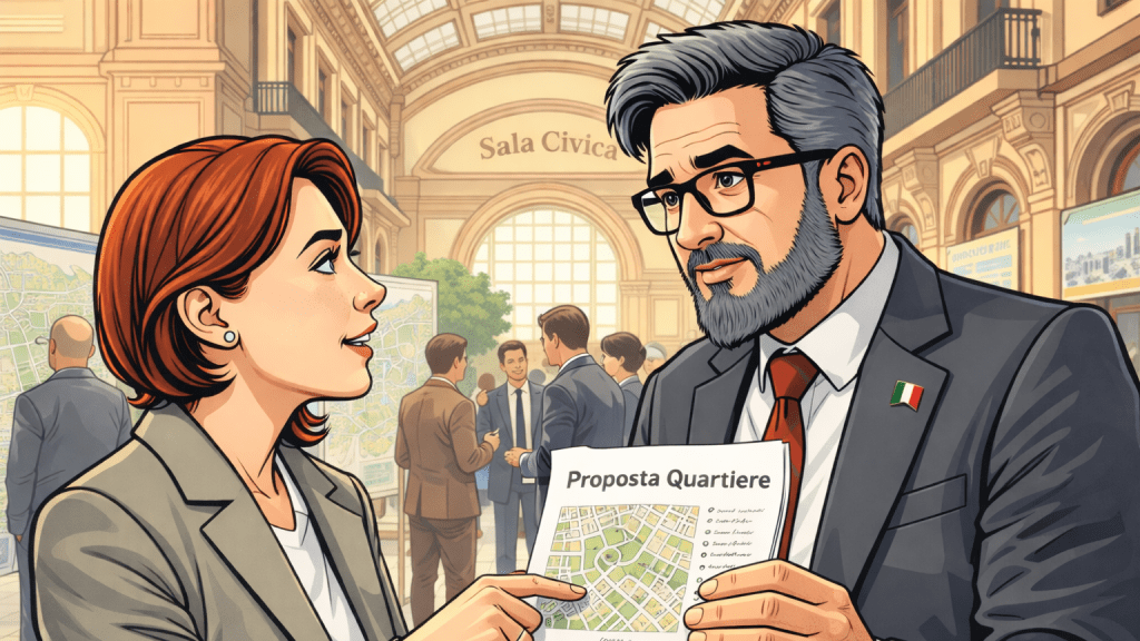 Assessore comunale ascolta una cittadina che presenta una proposta per migliorare il quartiere durante un incontro pubblico in una sala civica.