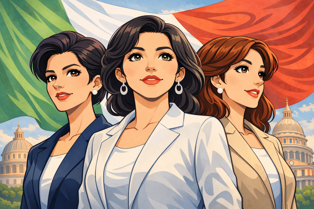 Illustrazione di donne simbolo della partecipazione femminile nella politica italiana davanti alla bandiera tricolore