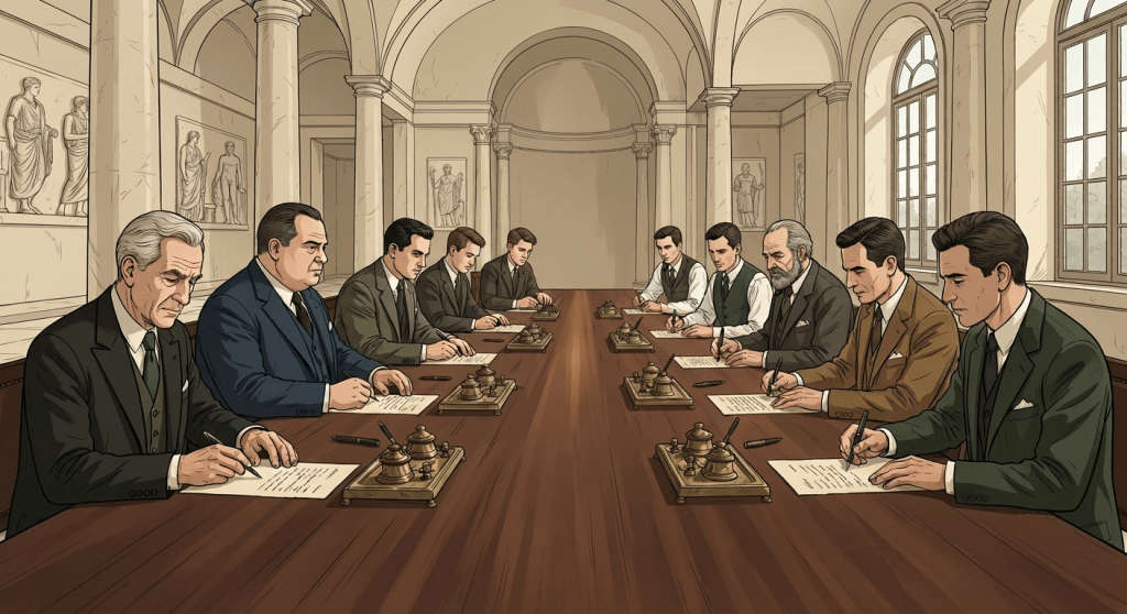 Illustrazione in stile graphic novel di diplomatici seduti ai due lati di un lungo tavolo in una sala storica romana mentre firmano i Trattati di Roma del 1957