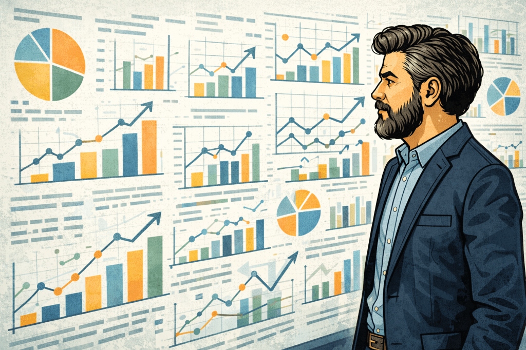 Illustrazione in stile graphic novel di un analista che osserva una grande parete di grafici e dati, rappresentazione dell’analisi delle politiche pubbliche.