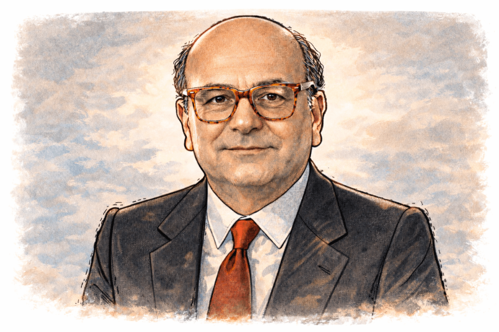 Illustrazione editoriale di Bettino Craxi a mezzo busto, stile pittorico con contorni neri marcati, abito scuro e cravatta rossa, su sfondo chiaro astratto.