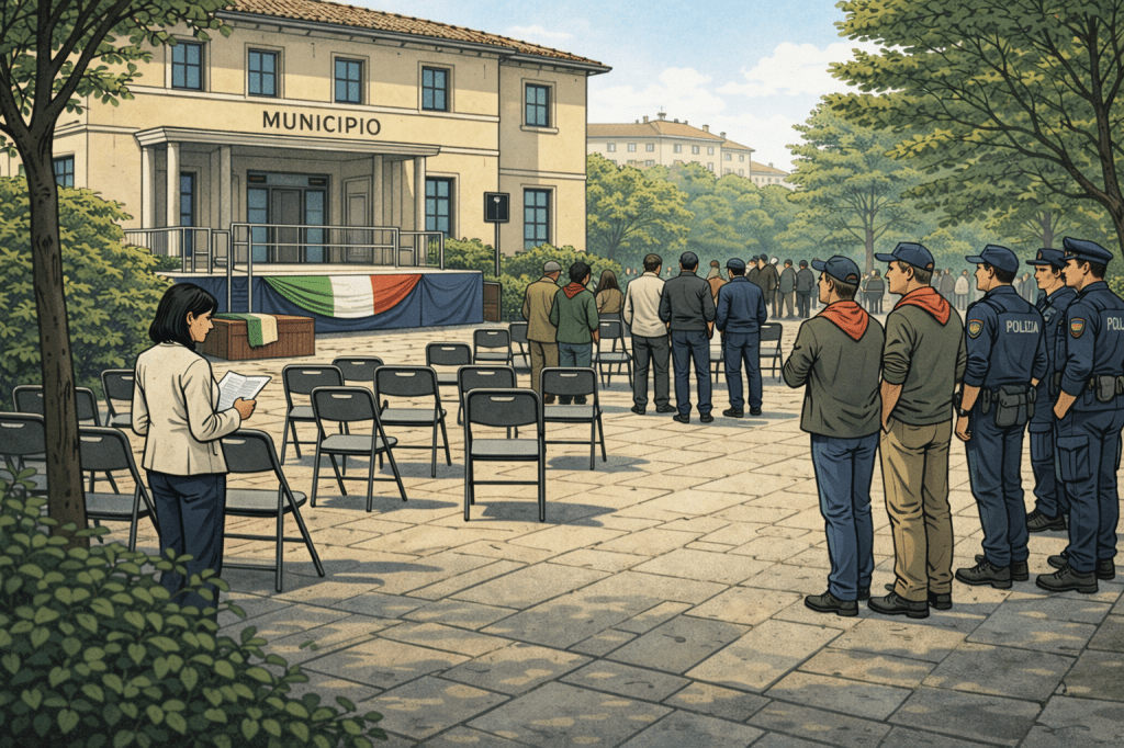 Cerimonia pubblica davanti a un municipio italiano durante una ricorrenza civile, con bandiera tricolore, cittadini e forze dell’ordine.