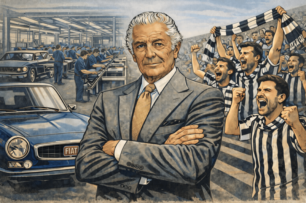 Illustrazione di Gianni Agnelli con alle spalle una fabbrica FIAT, un’automobile e tifosi della Juventus, simboli del suo potere informale tra economia, società e politica italiana