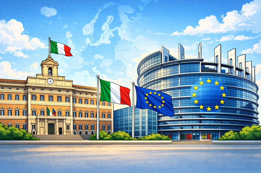 Illustrazione digitale di due edifici governativi affiancati: a sinistra un edificio in stile classico italiano con colonne e cupola, a destra un edificio moderno che richiama il Parlamento Europeo con vetro e stelle dell’UE. Davanti agli edifici sventolano le bandiere italiane e dell’Unione Europea, sullo sfondo cielo sereno e una mappa dell’Europa leggermente sfumata.