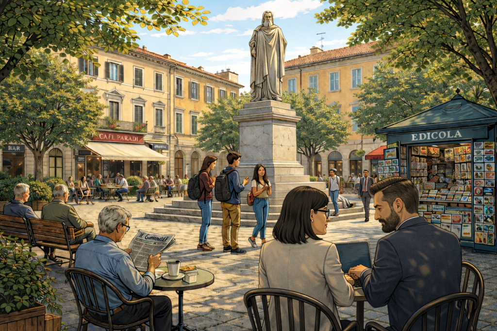 Una piazza italiana animata: giovani che si incontrano vicino a un monumento, persone sedute ai tavolini di un bar, un’edicola e cittadini di diverse età che vivono lo spazio pubblico.