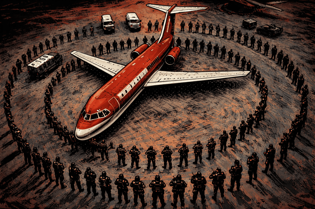 Illustrazione della crisi di Sigonella del 1985: aereo fermo sulla base militare di Sigonella, circondato da soldati armati durante lo scontro diplomatico tra Italia e Stati Uniti sotto il governo Craxi.