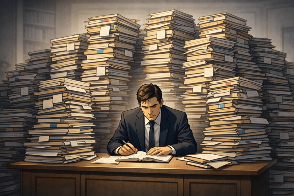 Illustrazione di un magistrato seduto alla scrivania circondato da pile di fascicoli molto alte, simbolo dell’arretrato e della lentezza della giustizia