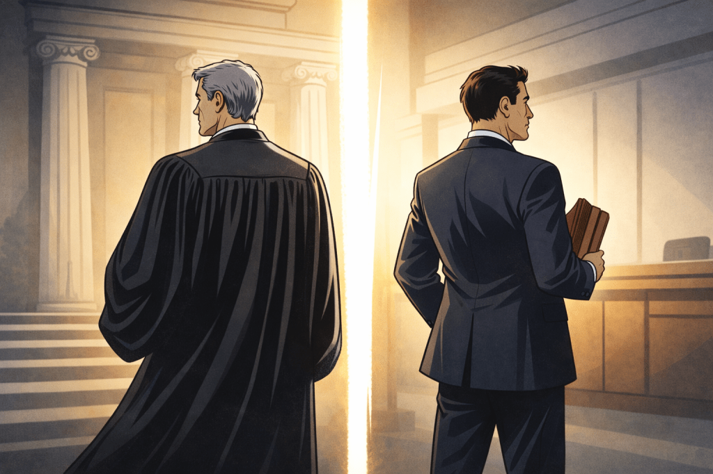 Illustrazione in stile graphic novel europeo con un giudice e un pubblico ministero di spalle, separati da una linea di luce, simbolo della separazione delle carriere nella magistratura