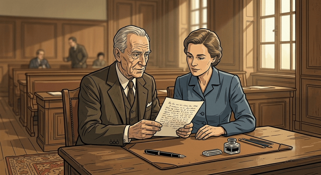 Illustrazione di due costituenti italiani, un uomo e una donna, che discutono un documento durante i lavori dell'Assemblea Costituente del 1946