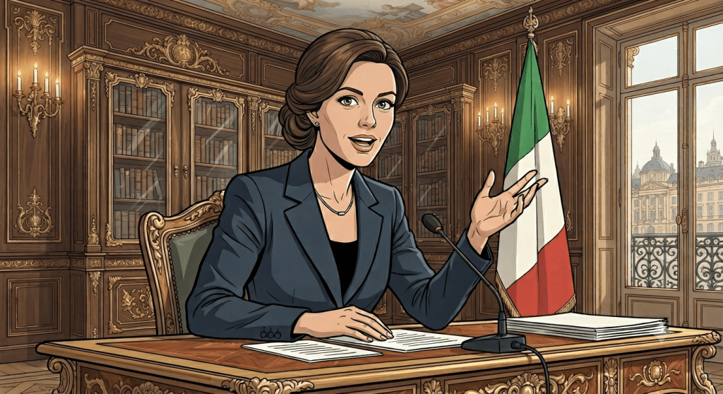 Illustrazione della Presidente della Repubblica italiana durante il discorso di fine anno, seduta alla scrivania con bandiera italiana e microfono, mentre parla con espressione viva e diretta
