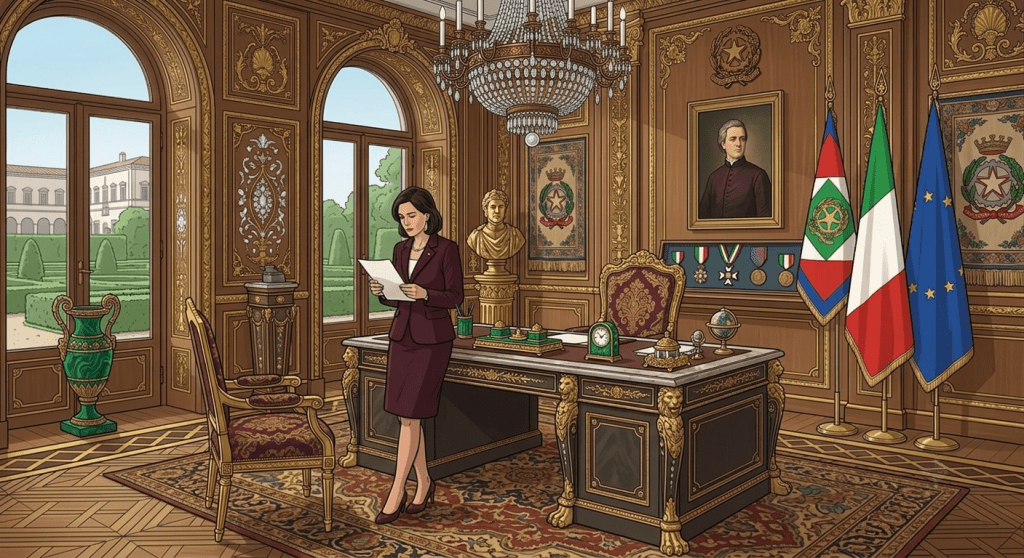 Illustrazione di una Presidente della Repubblica italiana in piedi accanto alla scrivania nel suo studio istituzionale, con bandiera italiana ed europea, mentre legge un documento