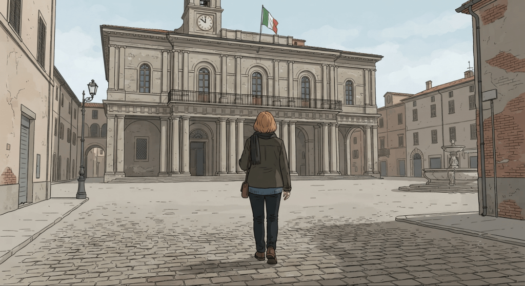 Una donna di spalle cammina verso un palazzo istituzionale in una piazza italiana, illustrazione in stile graphic novel