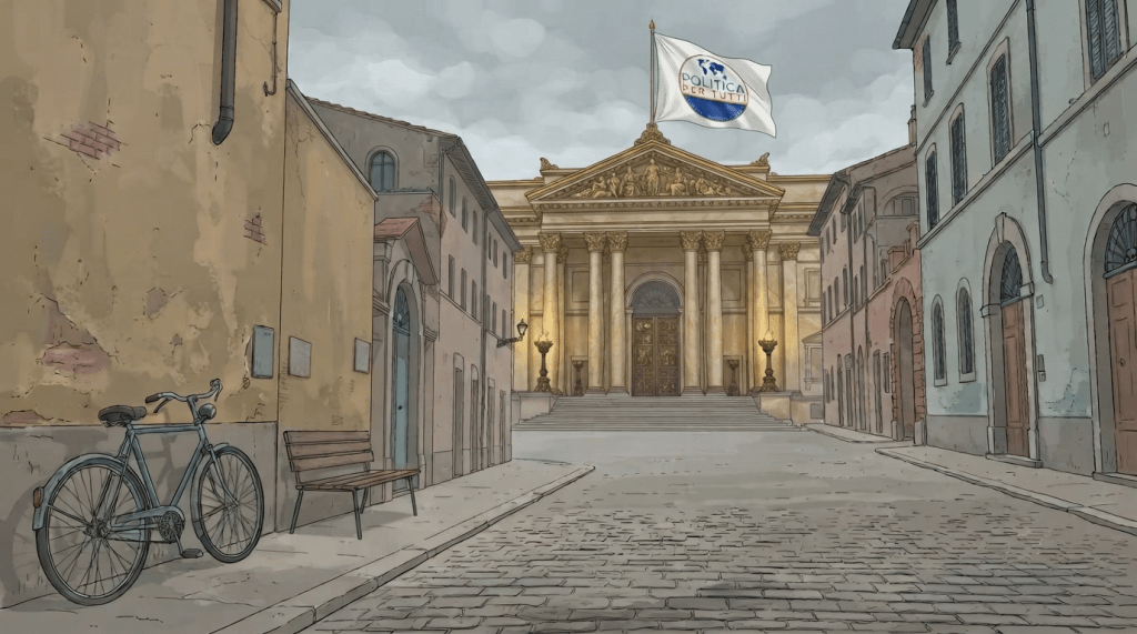 Strada di quartiere italiana con bicicletta e panchina in primo piano, sullo sfondo un palazzo istituzionale neoclassico con la bandiera di Politica Per Tutti